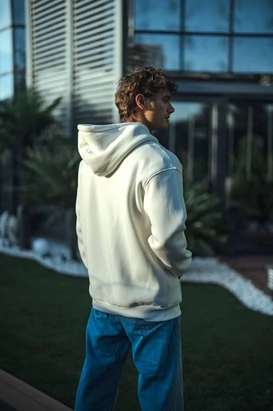 Vexor Üç İplik Penye Kapşonlu Basic SweatShirt - Beyaz - Resim 3