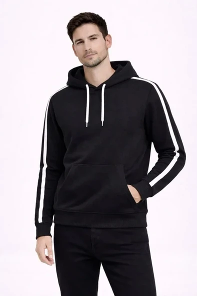 Vexor Erkek Şeritli Kapüşonlu Sweatshirt Oversize 3 Iplik Pamuklu - Siyah ürün görseli 1