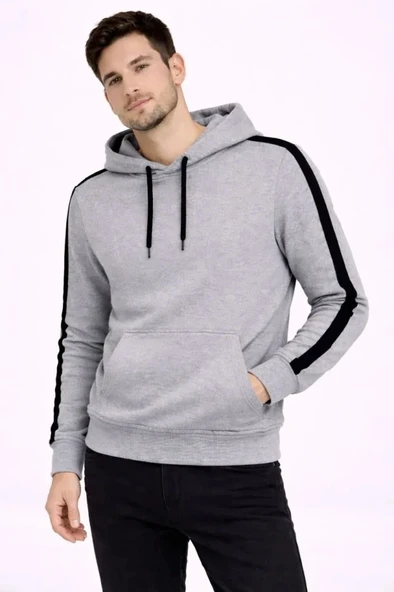 Vexor Erkek Şeritli Kapüşonlu Sweatshirt Oversize 3 Iplik Pamuklu - Gri ürün görseli 1