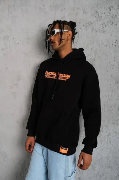 Vexor Erkek Armalı Baskılı Kapüşonlu Sweatshirt - Siyah ürün görseli 1
