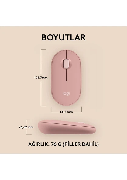 Logitech M350s Pebble 2 Bluetooth Kablosuz Sessiz Kompakt Mouse - Pembe - Resim 3