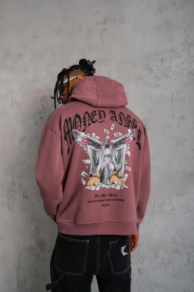 Vexor Erkek Kordon İpli Baskılı Kapüşonlu Sweatshirt - Gül Kurusu ürün görseli 1