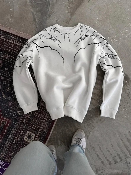 Vexor Yıldırım Baskılı Bisiklet Yaka SweatShirt - Beyaz ürün görseli 1