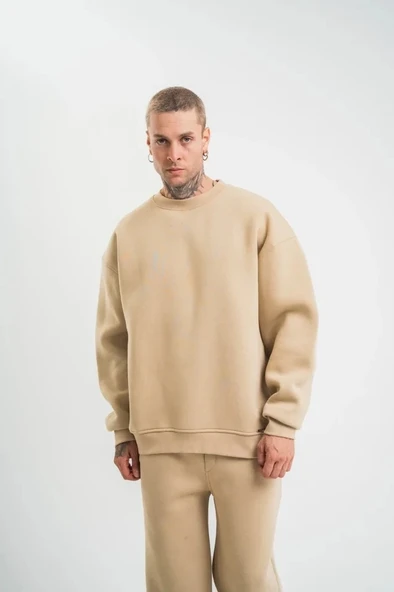 Vexor Uzun Kol Bisiklet Yaka Basic SweatShirt - Bej ürün görseli 1