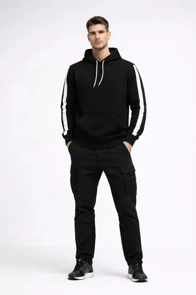 Vexor Erkek Şeritli Kapüşonlu Sweatshirt Oversize 3 Iplik Pamuklu - Siyah ürün görseli 1