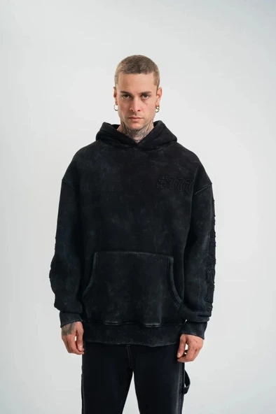 Vexor Unisex Uzun Kol Kapşonlu Yıkamalı Nakışlı SweatShirt - Siyah ürün görseli 1