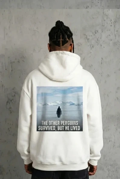 Vexor Siyah Oversize Hoodie - Sırt Baskılı Survivor Penguin Temalı, Felsefi Yazılı Kapüşonlu Sweatshirt - Beyaz ürün görseli 1