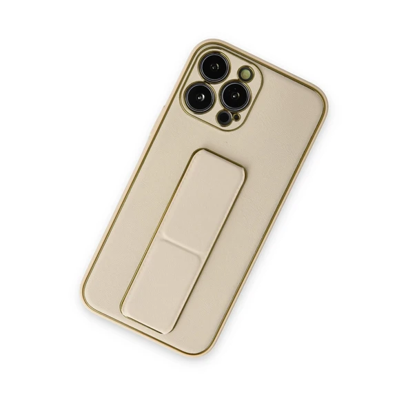 Apple İphone 13 Pro Kılıf Coco Deri Standlı Kapak - Gold - Resim 2