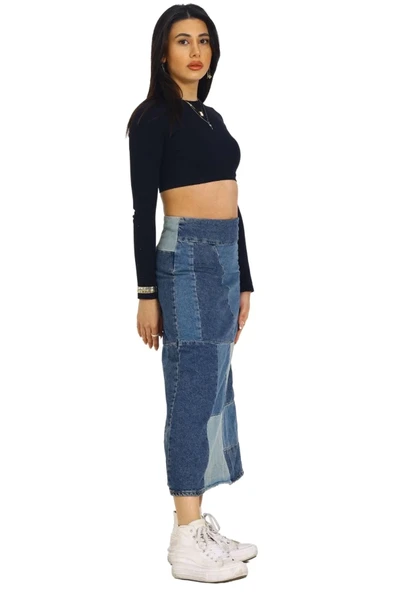 Vexor Mavi Patchwork Desenli Denim Kot Etek - Resim 6