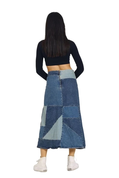 Vexor Mavi Patchwork Desenli Denim Kot Etek - Resim 3