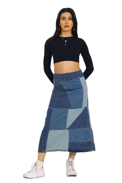 Vexor Mavi Patchwork Desenli Denim Kot Etek - Resim 5