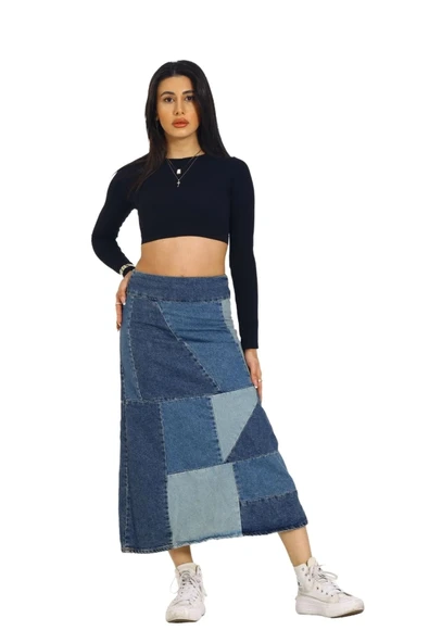 Vexor Mavi Patchwork Desenli Denim Kot Etek - Resim 4