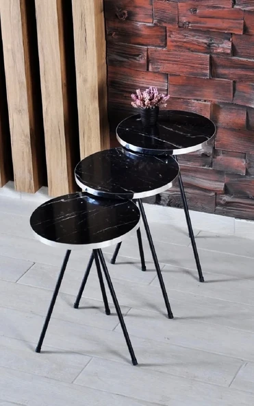 Vexor Zigon Sehpa 3'lü Siyah Metal Ayak Gümüş Siyah Bendir 1070 ürün görseli 1