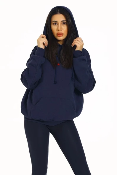 Vexor Kore Model Yıldız Baskılı Kanguru Cepli Kadın Sweat Lacivert ürün görseli 1