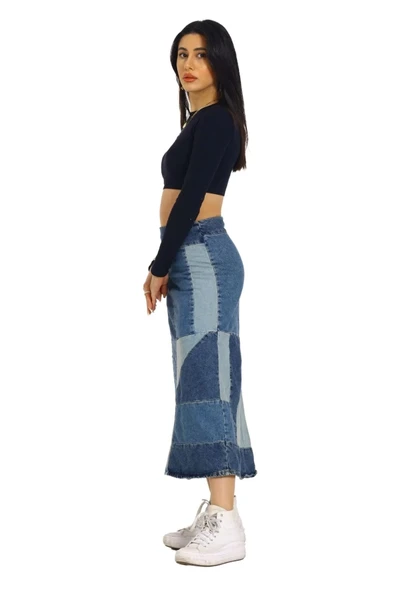 Vexor Mavi Patchwork Desenli Denim Kot Etek - Resim 2