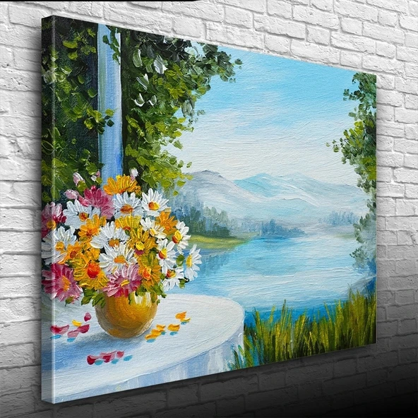 Vexor Masadaki Çiçekler ve Göl Manzarası Yağlıboya Kanvas Tablo 50 x 70 ürün görseli 1