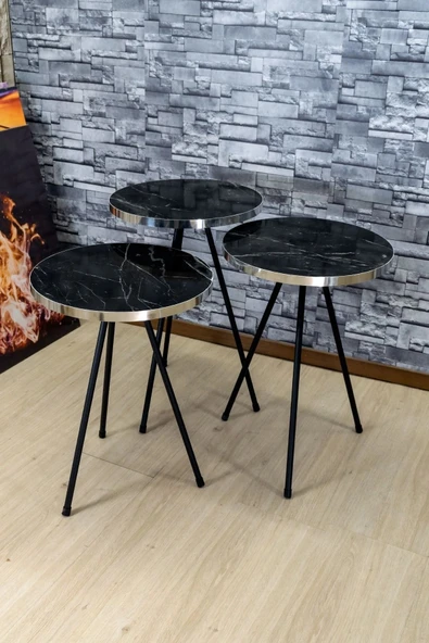 Vexor Zigon Sehpa 3'lü Siyah Metal Ayak Gümüş Siyah Bendir 1070 ürün görseli 1
