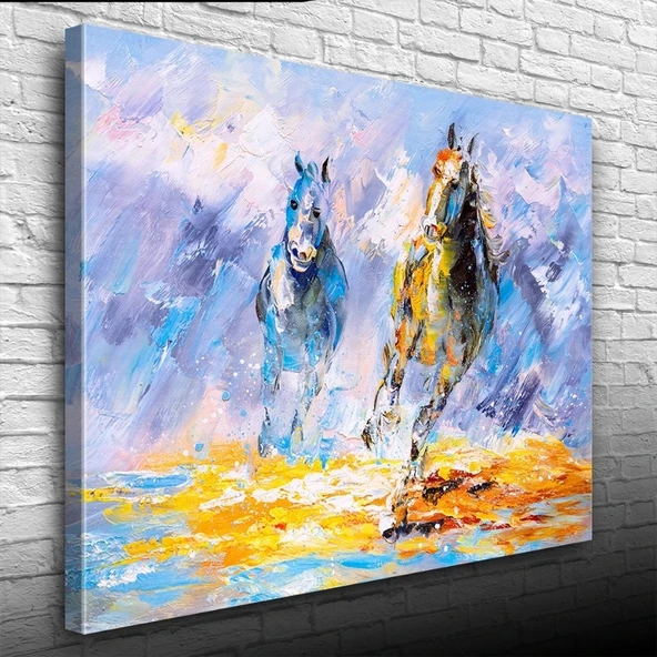 Vexor Dörtnala İki At Sarı ve Mavi Tonlarda Yağlıboya Kanvas Tablo 50 x 70 ürün görseli 1