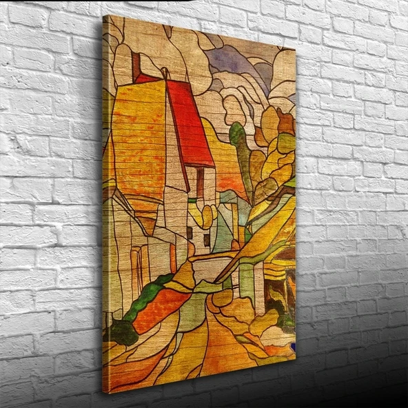 Vexor Bej ve Kavuniçi Renklerde Köy Tasviri Kanvas Tablo 50 x 70 ürün görseli 1