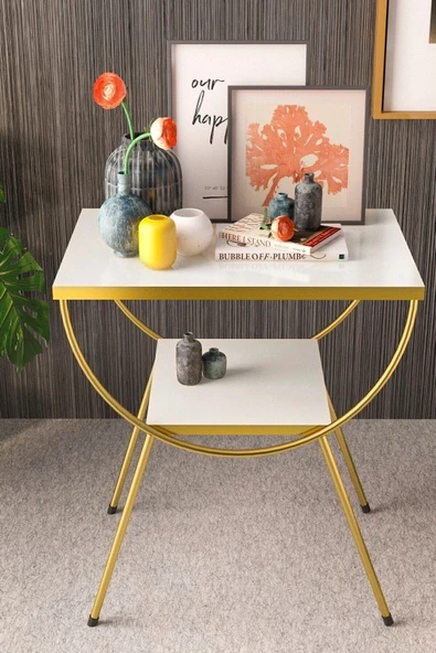 Vexor Yan Sehpa Komodin Metal Ayak Gold Beyaz ürün görseli 1
