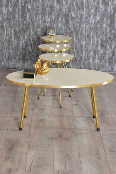 Vexor Zigon Sehpa ve Orta Sehpa Elips Gold Metal Ayak Gold Krem Set ürün görseli 1