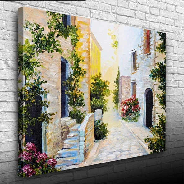 Vexor Taş Evler Ve Çiçekli Yol Yağlıboya Kanvas Tablo 50 x 70 ürün görseli 1