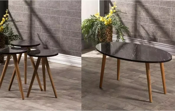 Vexor Zigon Sehpa Ve Orta Sehpa Set Ahşap Torna Elips Siyah Mermer Desen ürün görseli 1