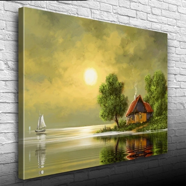 Vexor Dolunay ve Göl kenarındaki Ev Yağlıboya Kanvas Tablo 50 x 70 ürün görseli 1