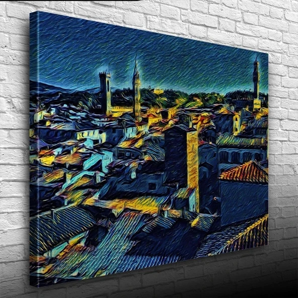 Vexor Köy Silueti Mavi Tonlarda Kanvas Tablo 50 x 70 ürün görseli 1