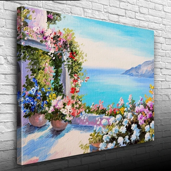 Vexor Sardunyalı Balkon ve Deniz Yağlıboya Kanvas Tablo 50 x 70 ürün görseli 1