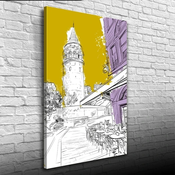 Vexor Sarı, Beyaz ve  Mor Tonlarda Galata Kulesi ve kafe Görseli Kanvas Tablo 50 x 70 ürün görseli 1