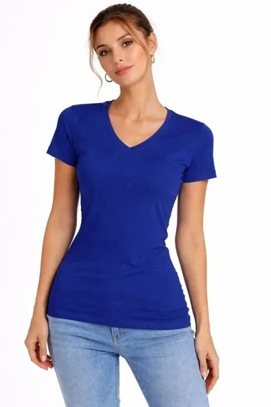 Vexor T-Shirt V Yaka Slim Fit Likralı Tişört Günlük Basic Body - İndigo ürün görseli 1
