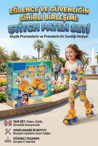 Stitch Karakterli Ayarlanabilir Başlangıç Seviyesi 4 Tekerlekli Dizlik Dirseklikli Çocuk Paten Seti ürün görseli 1