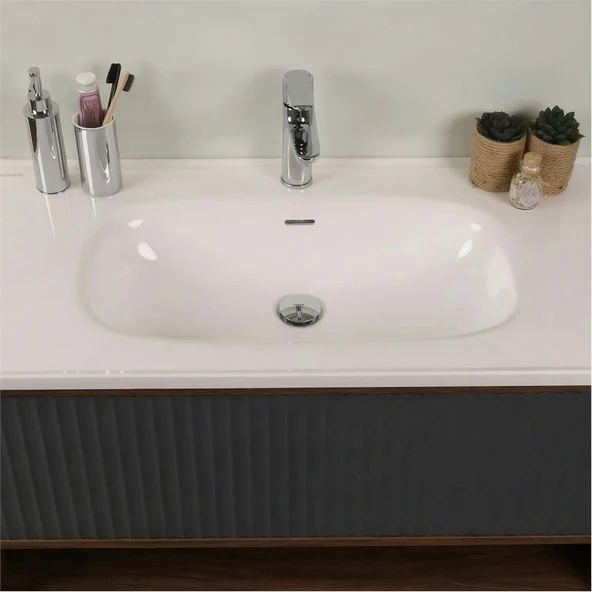 Kobos Elegant 100 cm Banyo Dolabı Seti Miling Oak + Argento - Resim 4