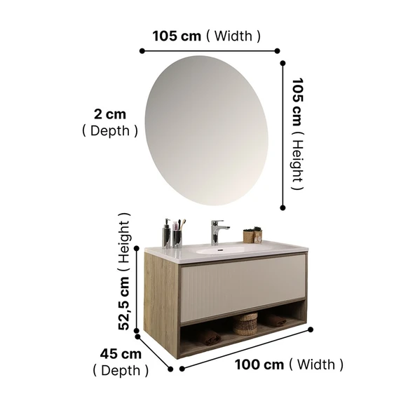Kobos Elegant 100 cm Banyo Dolabı Seti Light Walnut + Luna - Resim 8