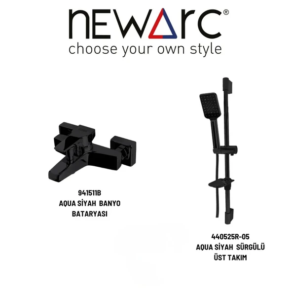 Newarc Aqua Siyah Banyo Bataryası ve Sürgülü Üst Takımı 2'li Set 941511B-430525R-05 ürün görseli 1