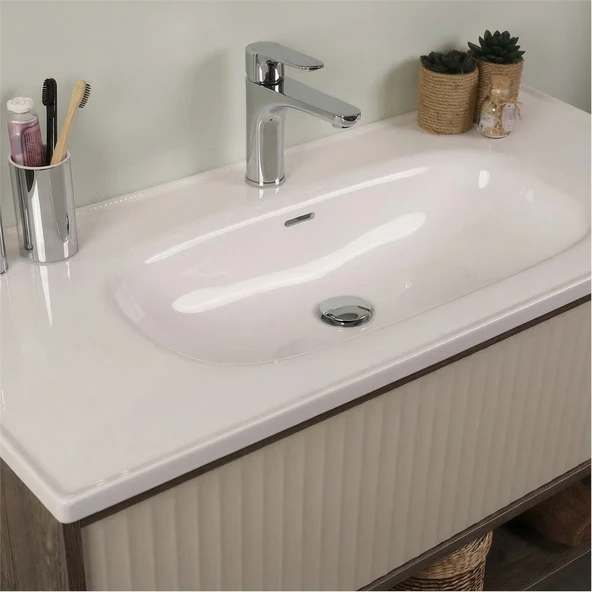 Kobos Elegant 100 cm Banyo Dolabı Seti Grey Oak + Vanilya - Resim 4
