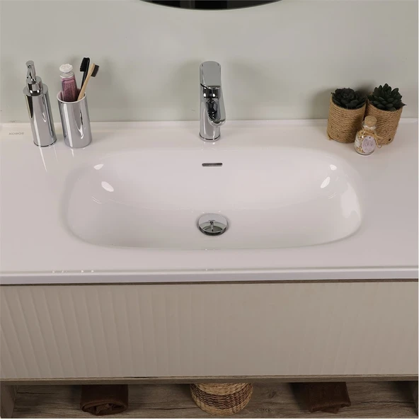 Kobos Elegant 100 cm Banyo Dolabı Seti Light Walnut + Luna - Resim 5