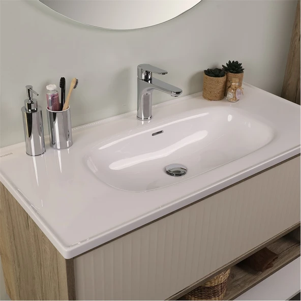 Kobos Elegant 100 cm Banyo Dolabı Seti Light Walnut + Luna - Resim 4