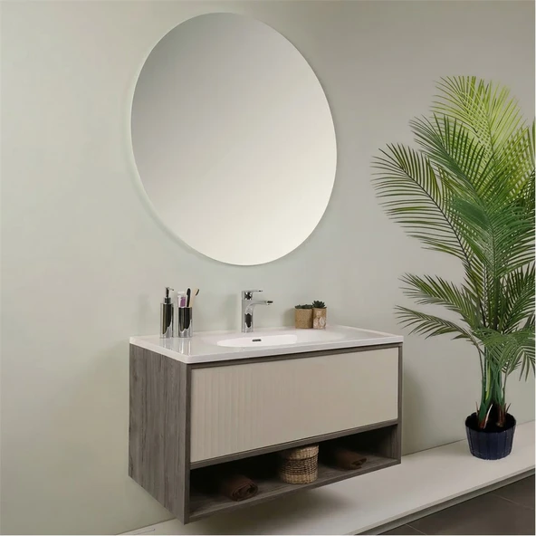 Kobos Elegant 100 cm Banyo Dolabı Seti Grey Oak + Vanilya - Resim 2