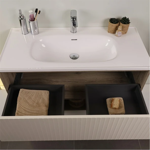 Kobos Elegant 100 cm Banyo Dolabı Seti Light Walnut + Luna - Resim 6