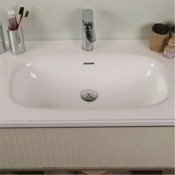 Kobos Elegant 100 cm Banyo Dolabı Seti Grey Oak + Vanilya - Resim 5
