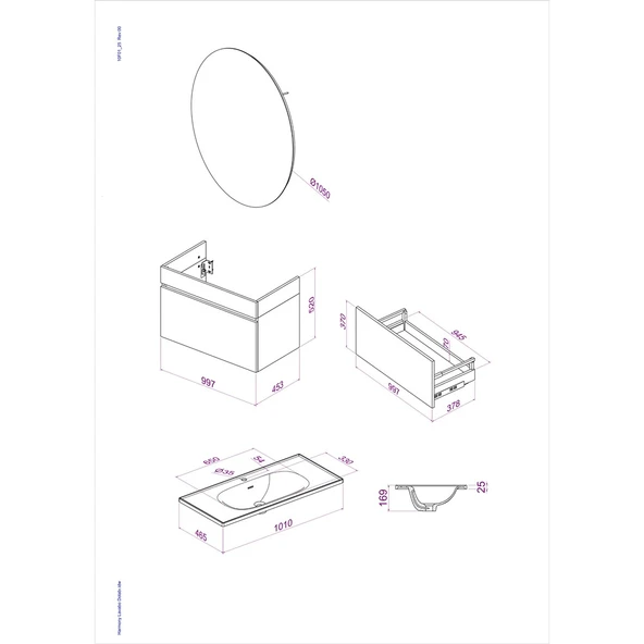 Kobos Harmony 100 cm Banyo Dolabı Seti Light Grey + Meguro - Resim 8