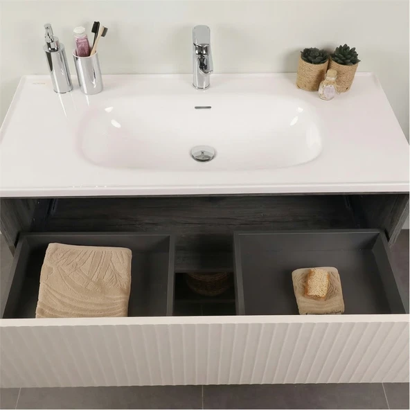 Kobos Elegant 100 cm Banyo Dolabı Seti Grey Oak + Vanilya - Resim 6