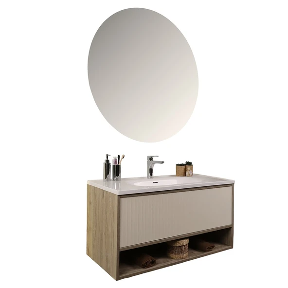 Kobos Elegant 100 cm Banyo Dolabı Seti Light Walnut + Luna ürün görseli 1