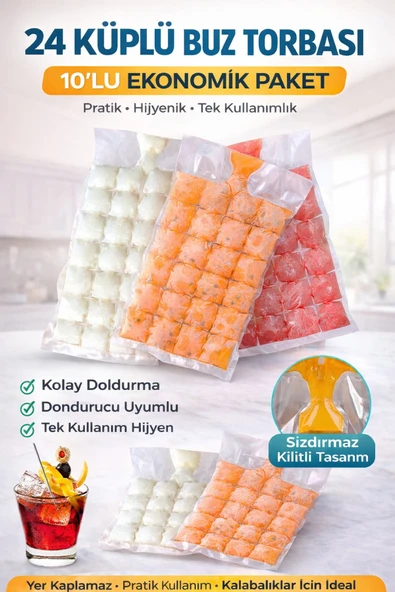 Buz Küpü Torbası 24 Küplü 10lu Paket Pratik Buz Yapma Poşeti Şeffaf Dondurucu Buzluk ürün görseli 1