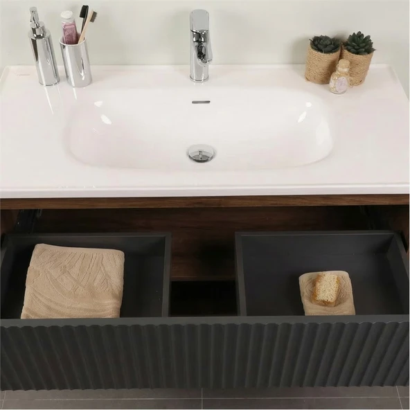 Kobos Elegant 100 cm Banyo Dolabı Seti Miling Oak + Argento - Resim 6