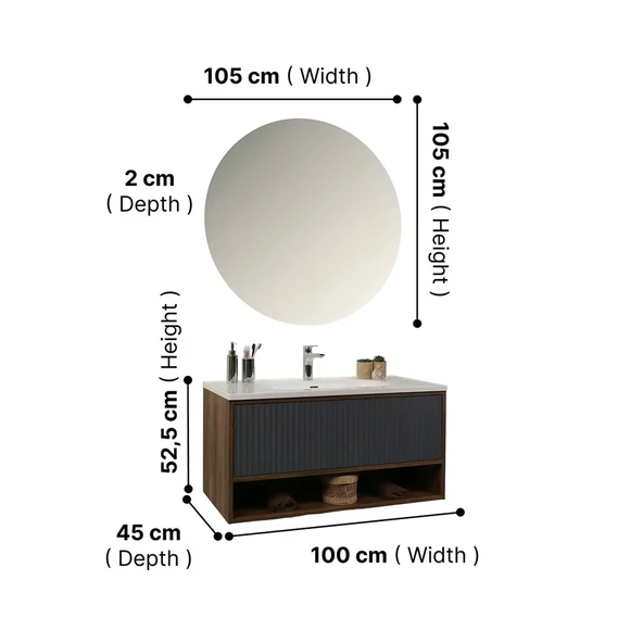 Kobos Elegant 100 cm Banyo Dolabı Seti Miling Oak + Argento - Resim 7