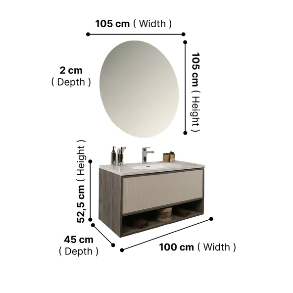 Kobos Elegant 100 cm Banyo Dolabı Seti Grey Oak + Vanilya - Resim 7