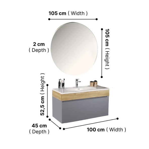 Kobos Harmony 100 cm Banyo Dolabı Seti Light Grey + Meguro - Resim 7